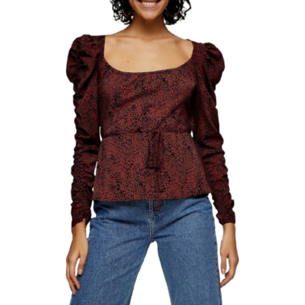 TOPSHOP Animal-Print Ruched Neck Long Sleeve Belted Top Women's Size 4